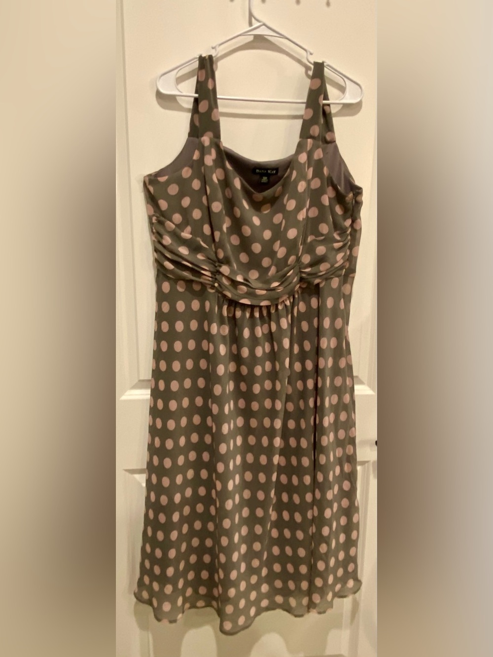 Dana Kay Taupe Midi Dress with Pink Polka Dots